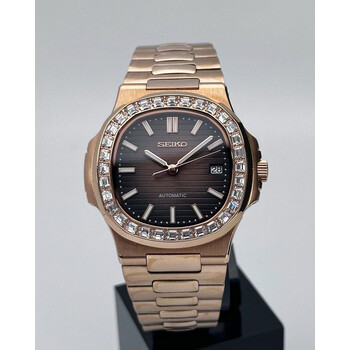 Custom Seiko Mod • Brown Vignette Rose Gold Diamond Nautilus • 40mm